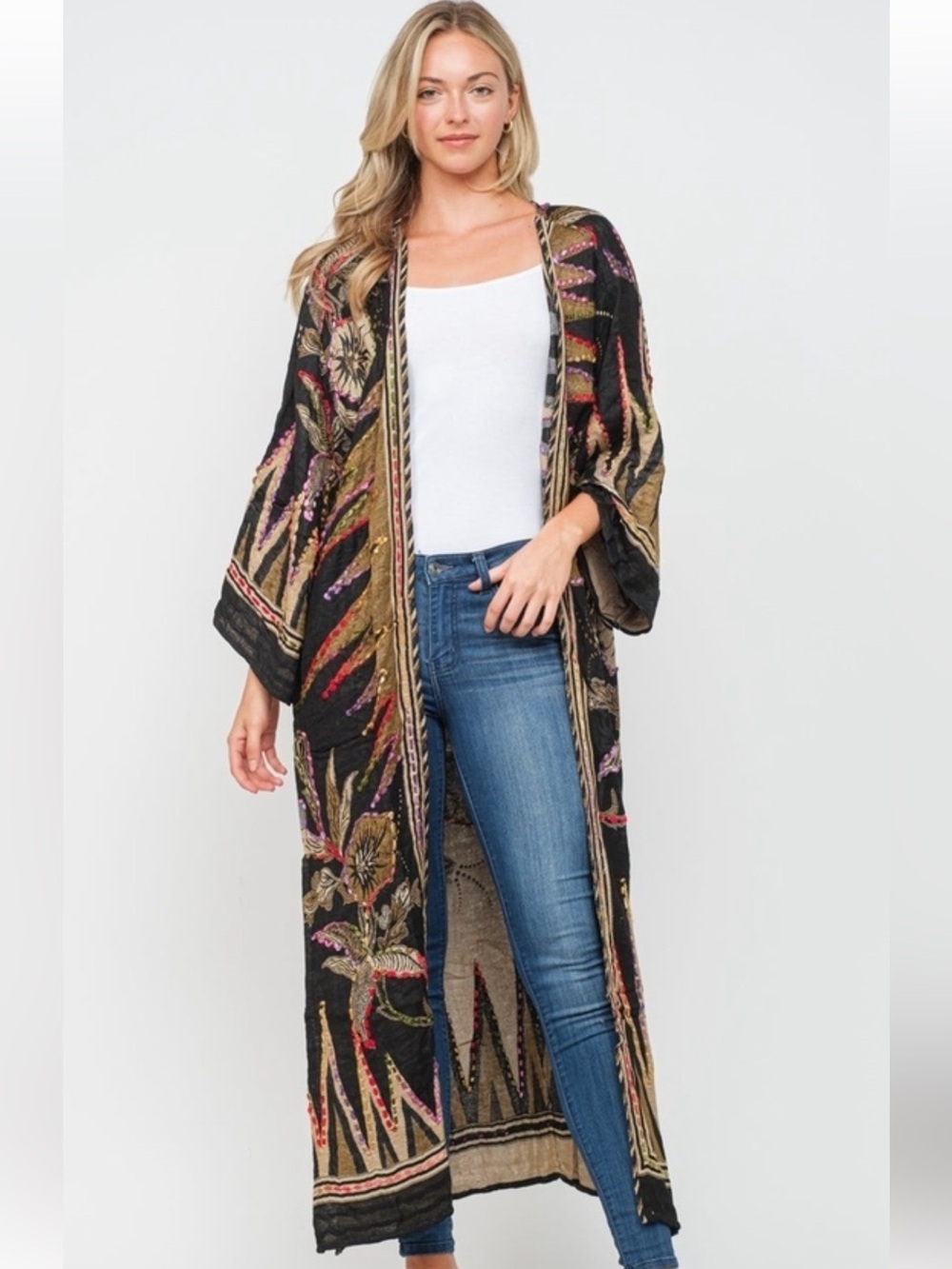 Raj Anthropologie kimono duster thick stitch embroidery O/S NWT